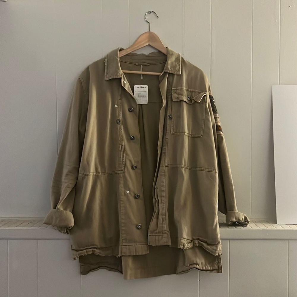 Free People Embellished Military Shirt Jacket Army Beaded Patch Green size: m